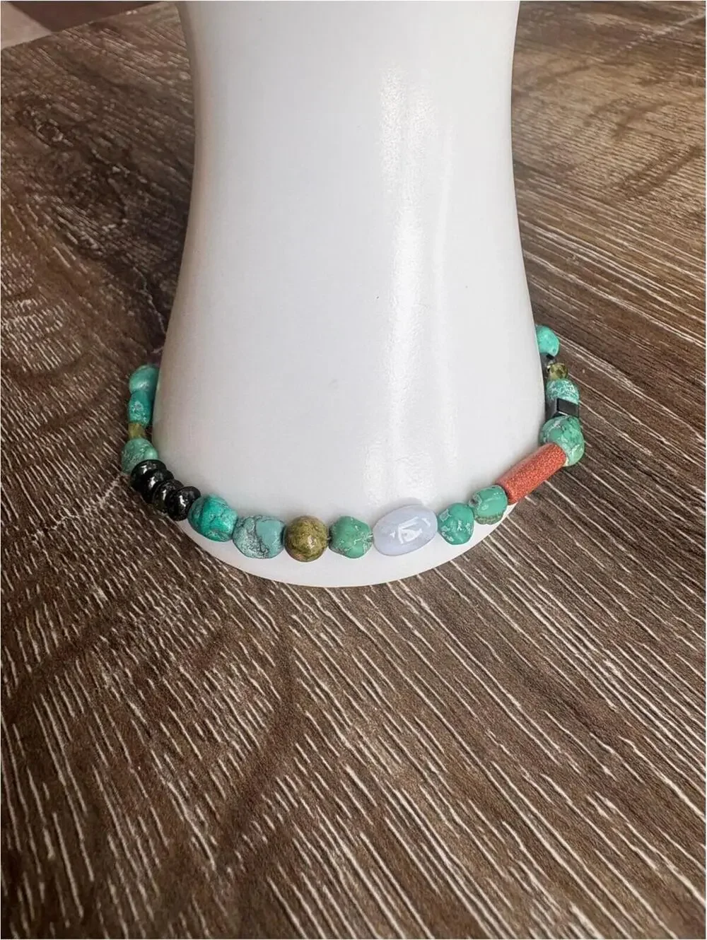 Turquoise Bead Bracelet with Green and Coral Accents